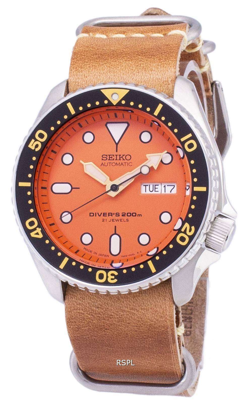 Seiko Automatic SKX011J1-LS18 Diver's 200M Japan Made Brown Leather Strap  Men's Watch 