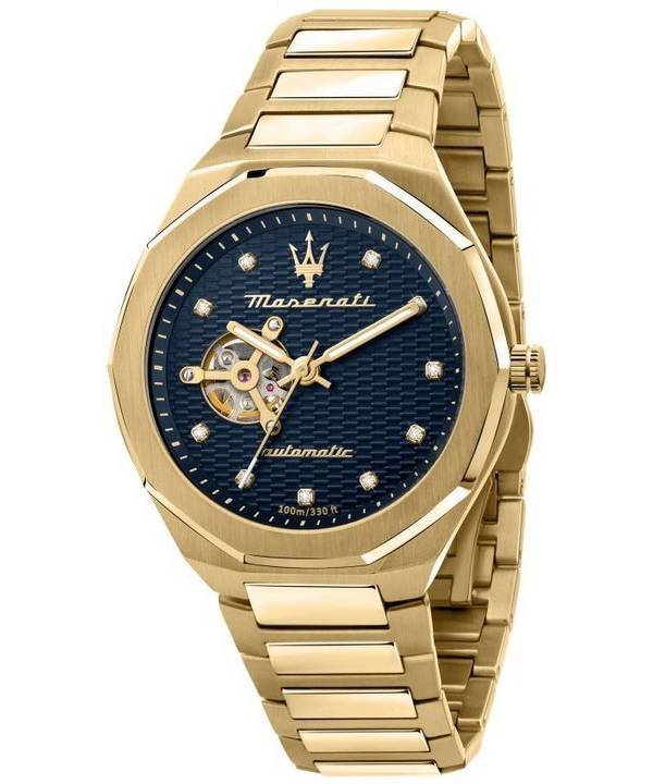 Maserati Stille Diamond Accents Gold Tone Stainless Steel Open Heart Blue Dial Automatic R8823140006 100M Men's Watch