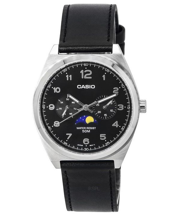 Casio Standard Analog Moon Phase Black Dial Leather Strap Quartz MTP M300L 1A MTPM300L 1 Men s Watch
