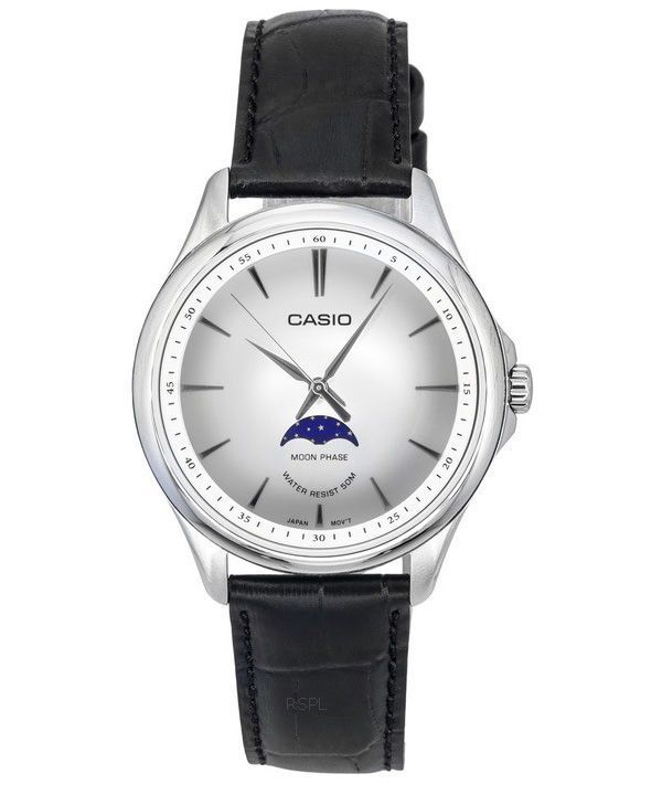 Casio Standard Analog Moon Phase Leather Strap Silver Dial Quartz MTPM100L7A Men