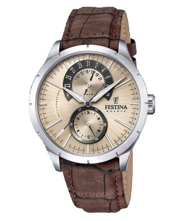 Festina Retro Leather Strap Multifunction Beige Dial Quartz F16573-9 Mens Watch 1 Festina Retro Leather Strap Multifunction Beige Dial Quartz F16573-9 Mens Watch