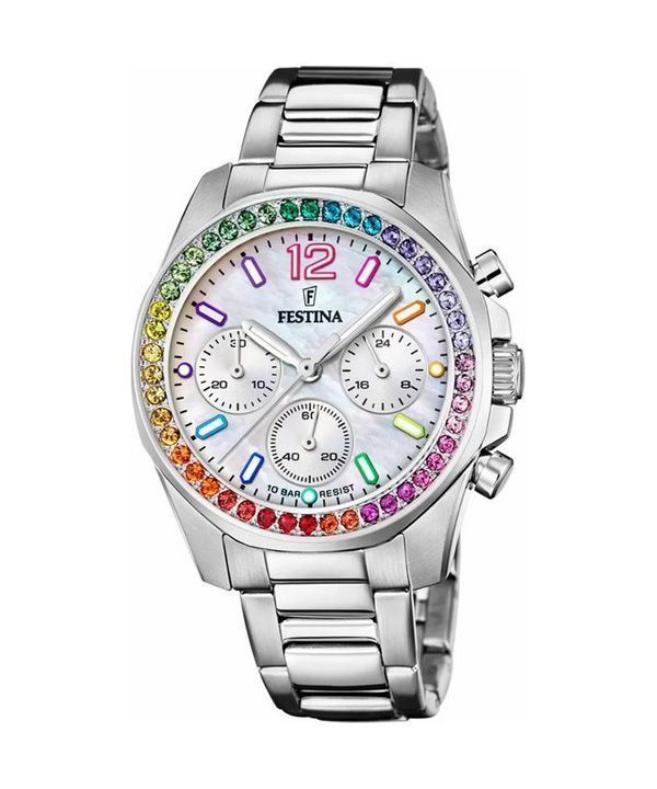 Festina Rainbow Chronograph Stainless Steel Crystal Accents Silver Dial Quartz F20606-2 100M Womens Watch 1 Festina Rainbow Chronograph Stainless Steel Crystal Accents Silver Dial Quartz F20606-2 100M Womens Watch