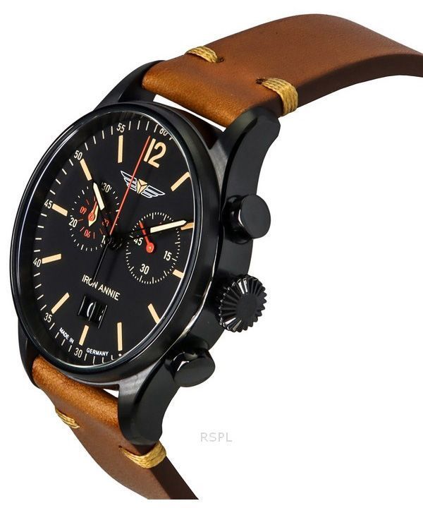 Iron Annie Flight Control Chronograph Leather Strap Black Dial Swiss Quartz 51842 Men's Watch 3 Iron Annie Flight Control Chronograph Leather Strap Black Dial Swiss Quartz 51842 Men's Watch