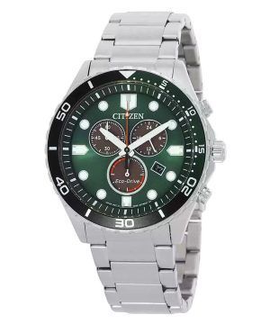Citizen Eco-Drive Chronograph GMT Stainless Steel Green Dial AT2561-81X 100M Mens Watch