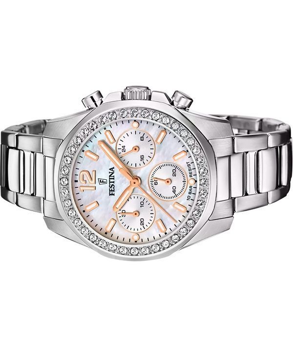 Festina Rainbow Chronograph Crystal Accents Mother Of Pearl Dial Quartz F20606-1 100M Women's Watch 2 Festina Rainbow Chronograph Crystal Accents Mother Of Pearl Dial Quartz F20606-1 100M Women's Watch