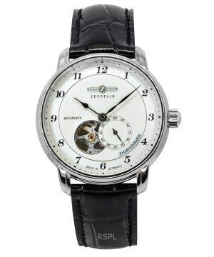Zeppelin Friedrichshafen Leather Strap Silver Open Heart Dial Automatic 85664 Mens Watch