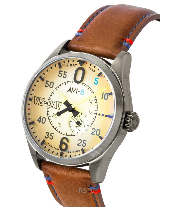 AVI-8 Spitfire Type 300 VE-Day 80th Limited Edition Leather Strap Cream Dial Automatic AV-4073-02 Men's Watch 3 AVI-8 Spitfire Type 300 VE-Day 80th Limited Edition Leather Strap Cream Dial Automatic AV-4073-02 Men's Watch
