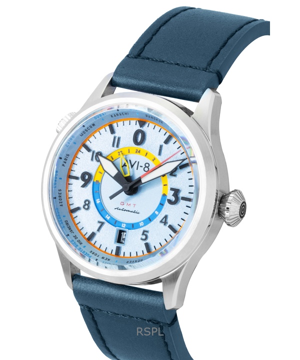 AVI-8 Flyboy Wingman Worldtimer GMT Leather Strap Power Blue Dial Automatic AV-4120-03 Men's Watch With Extra Strap 3 AVI-8 Flyboy Wingman Worldtimer GMT Leather Strap Power Blue Dial Automatic AV-4120-03 Men's Watch With Extra Strap