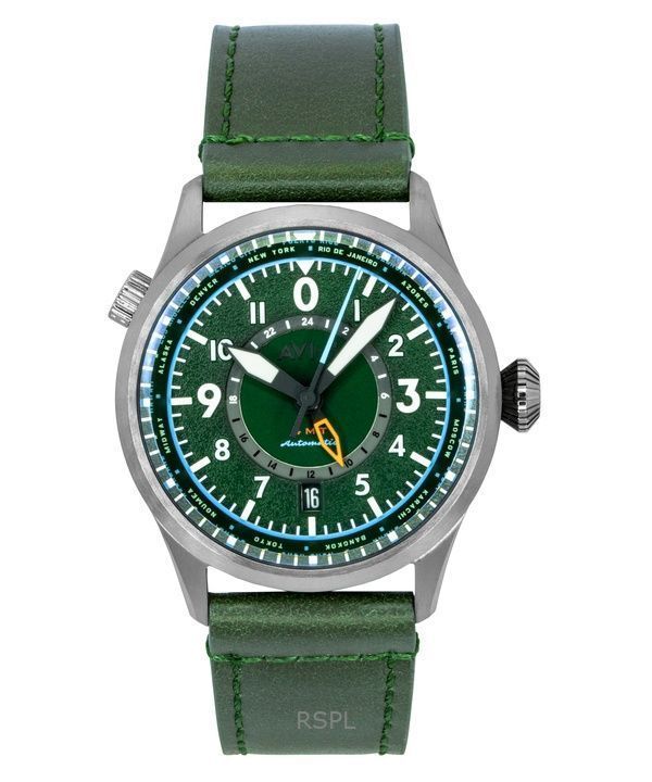 AVI-8 Flyboy Wingman Worldtimer GMT Leather Strap Green Dial Automatic AV-4120-05 Men's Watch
