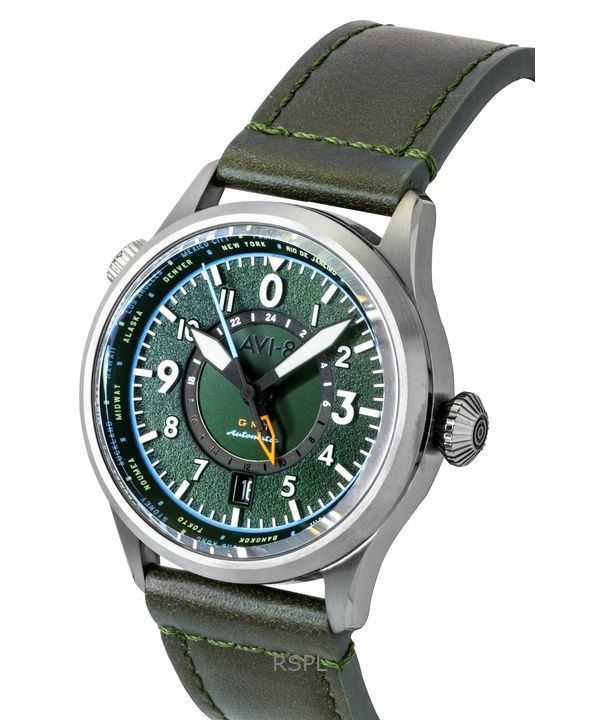 AVI-8 Flyboy Wingman Worldtimer GMT Leather Strap Green Dial Automatic AV-4120-05 Men's Watch