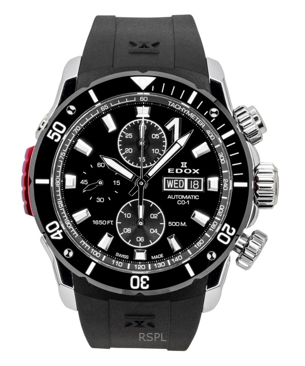 Edox CO-1 Chronograph Rubber Strap Black Dial Automatic Diver's 01128-3NRCA-NN 500M Men's Watch