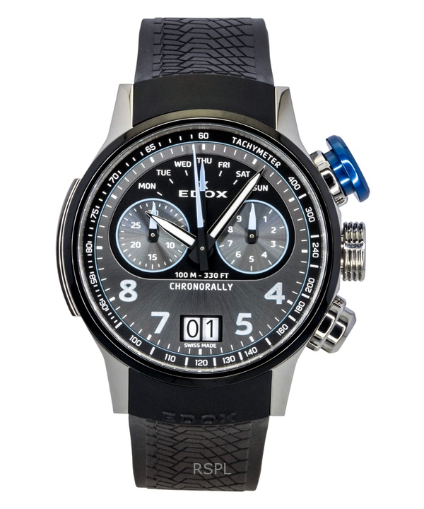 Edox Chronorally Chronograph Rubber Strap Grey Dial Quartz 38003-TINBU-GNBU 100M Men's Watch