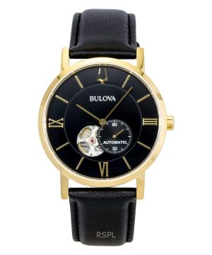 Bulova American Clipper Leather Strap Open Heart Black Dial Automatic 97A154 Men's Watch
