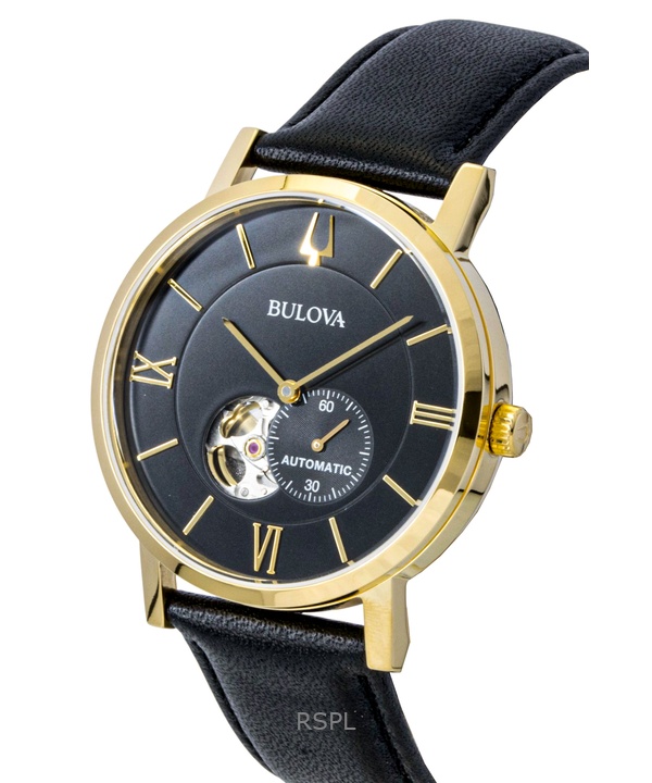 Bulova American Clipper Leather Strap Open Heart Black Dial Automatic 97A154 Men's Watch 2 Bulova American Clipper Leather Strap Open Heart Black Dial Automatic 97A154 Men's Watch