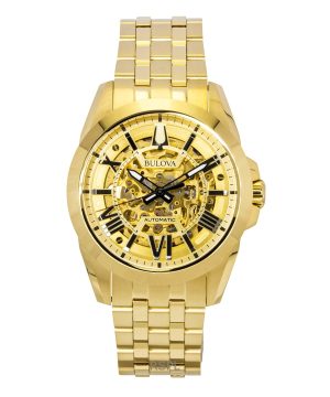 Bulova Sutton Gold Tone Stainless Steel Gold Skeleton Dial Automatic 97A162 Men's Watch