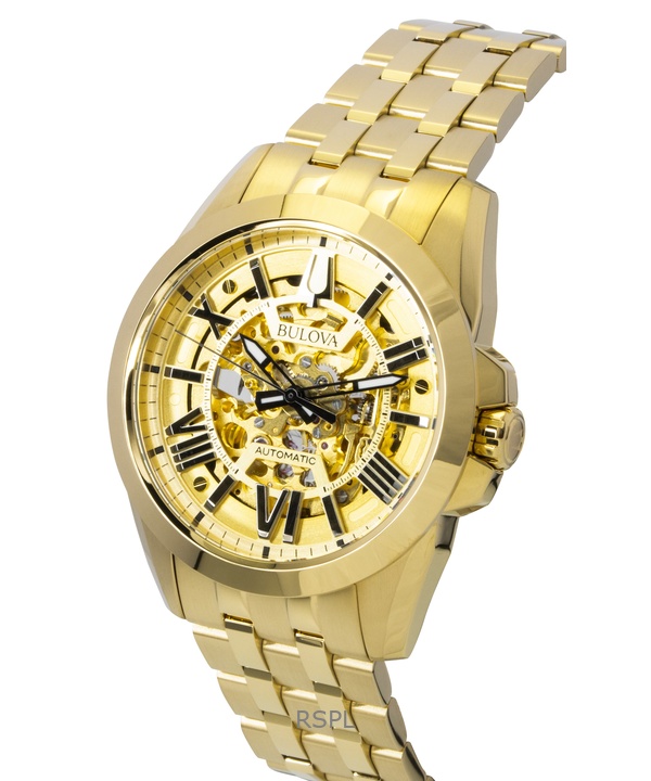 Bulova Sutton Gold Tone Stainless Steel Gold Skeleton Dial Automatic 97A162 Men's Watch 3 Bulova Sutton Gold Tone Stainless Steel Gold Skeleton Dial Automatic 97A162 Men's Watch