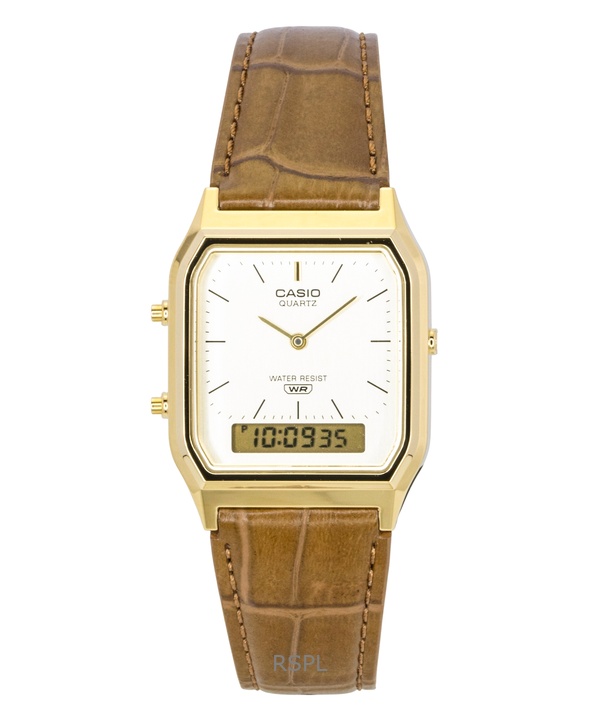 Casio Vintage Analog Digital Leather Strap Gold Dial Quartz AQ-230EGL-9A Unisex Watch