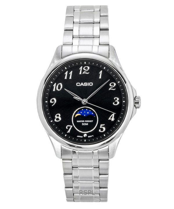 Casio Standard Analog Moon Phase Stainless Steel Black Dial Quartz MTP-M110D-1AV Men's Watch