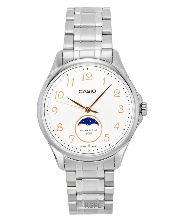 Casio Standard Analog Moon Phase Stainless Steel White Dial Quartz MTP-M110D-7AV Men's Watch