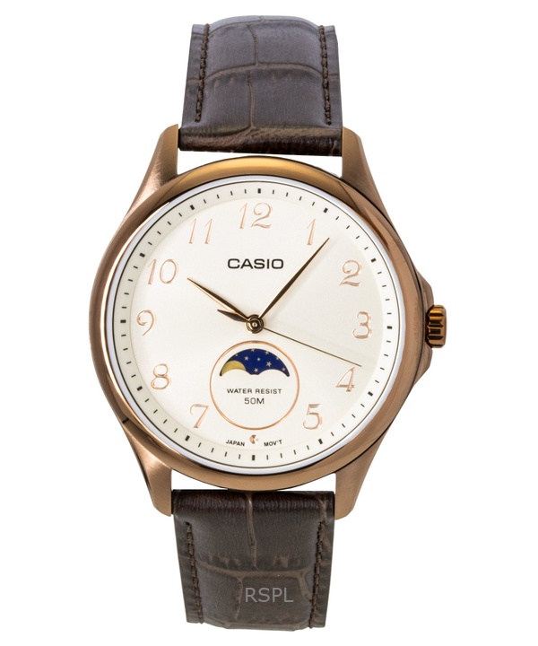Casio Standard Analog Moon Phase Leather Strap Ivory Dial Quartz MTP-M110RL-5AV Men's Watch