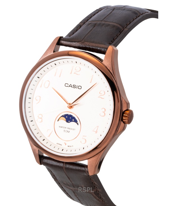 Casio Standard Analog Moon Phase Leather Strap Ivory Dial Quartz MTP-M110RL-5AV Men's Watch 2 Casio Standard Analog Moon Phase Leather Strap Ivory Dial Quartz MTP-M110RL-5AV Men's Watch