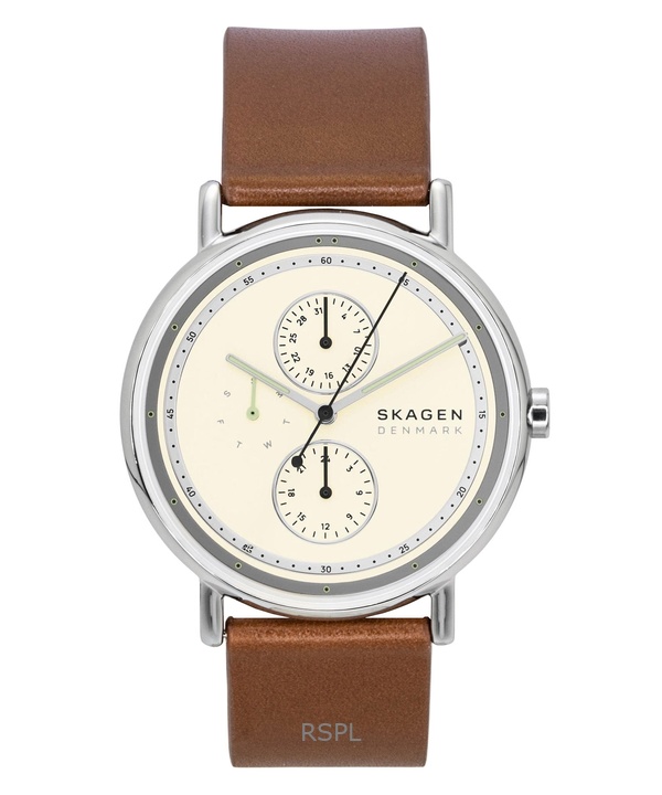 Skagen Signatur Leather Strap Multifunction Cream Dial Quartz SKW6942 Men's Watch